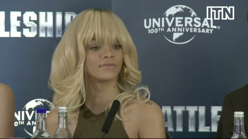 Rihanna answers Ashton Kutcher relationship question at Battleship press conference, London