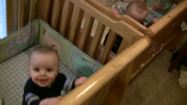 Happy Jumping Twin Babies Make Noises in Cribs