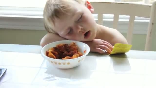 Boy Sleeping at Dinner Table after First Day of School