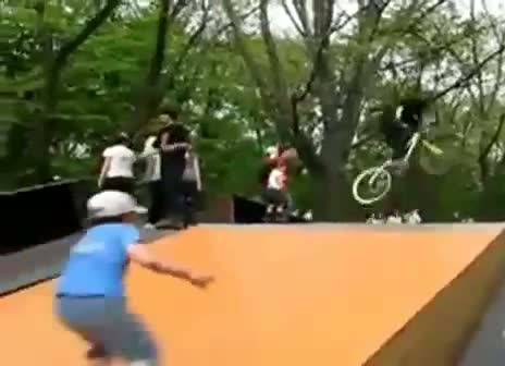 BMX rider takes out rollerblader