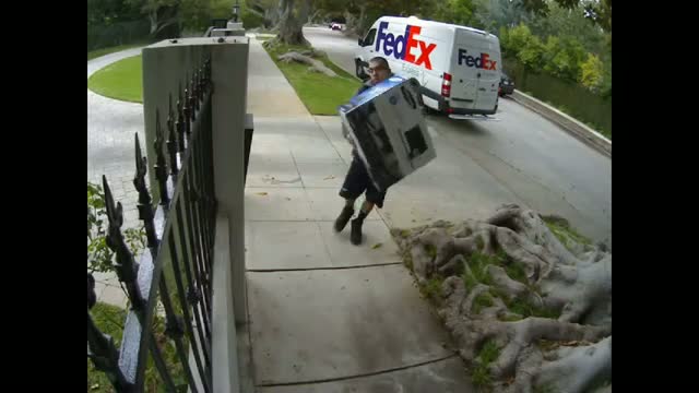 FedEx guy throws package over fence