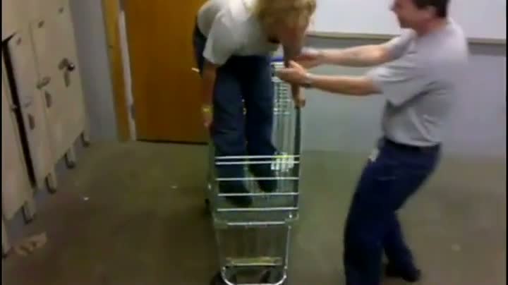 Girl Rides Shopping Cart Into Lockers