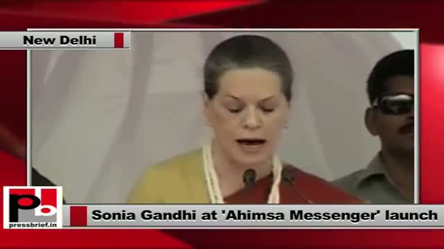 Sonia Gandhi addresses the function after launching Ahimsa Messenger in New Delhi