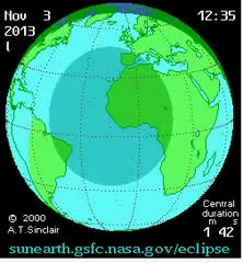 Hybrid Solar Eclipse Path 3-Nov-2013 [Video]