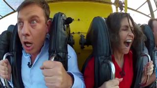 TV Host's Funny Reaction On Giant Drop Ride