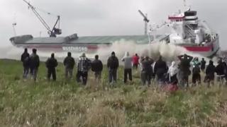 Huge Ship Launch Gets Spectators Wet