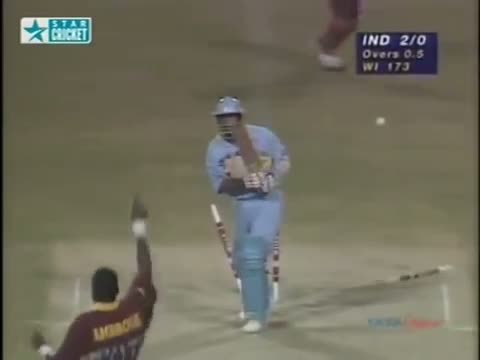 Curtly Ambrose destroying the stumps - India v West Indies