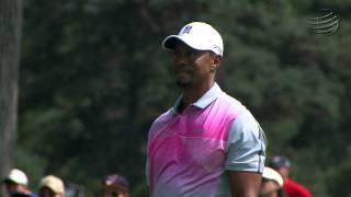 Tiger Woods nearly holes approach on No. 8 at Bridgestone