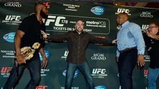 Jon Jones, Daniel Cormier fight at UFC press conference, destroy stage