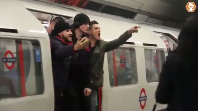 Football Hooligans prevent Green man boarding London metro train 2020