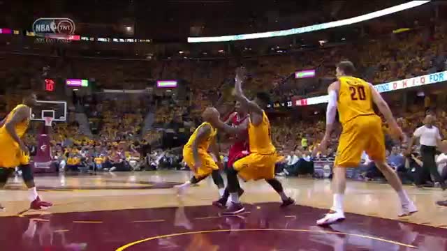 NBA: James Gets the Block then Drives, Spins and Scores!