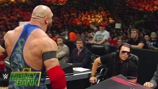 WWE Network: Ryback sends The Miz soaring across the announce table: Money in the Bank 2015