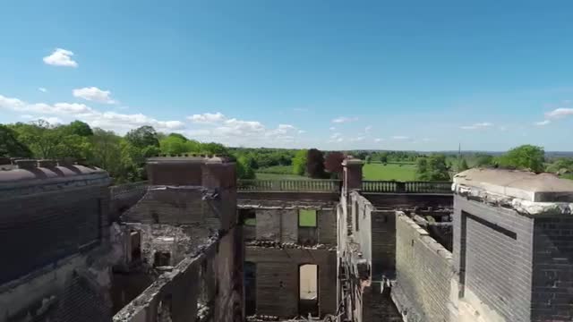 Aerial views of Clandon Park after the devastating fire