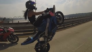 Motorcycle Stunts Beautiful GIRL Riding Wheelies Long Highway Wheelie Ride