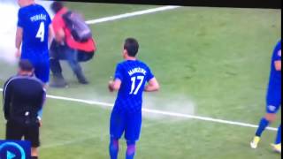 UEFA Euro 2016 - Croatia fans thrown an exploding firework towards a steward
