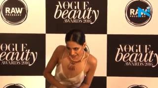 Sarah Jane in risky low cut gown at Vogue Beauty Awards
