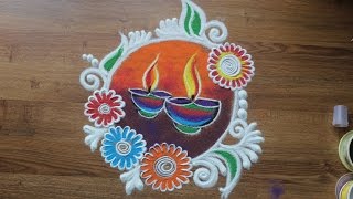 Quick and Easy colourful Diya and flowers Rangoli Design for Diwali