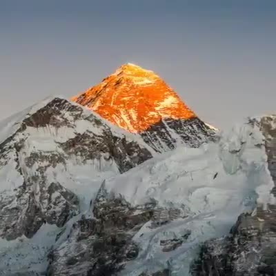 Everest, Changtse and Nuptse blazing like a fire at sunset as seen from Kala Patthar