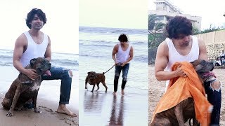 Gurmeet Choudhary Takes His Dog Out For A Walk At Juhu Beach