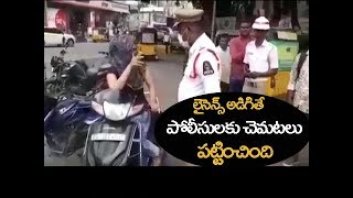Woman Arguing With Traffic Police at Abids for Not Wearing Helmet | Prathinidhinews