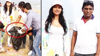 Total Dhamaal Actress Niharica Raizada & Tarak Mehta Actor Iyer At Aksa Beach For Clean Up Campaign
