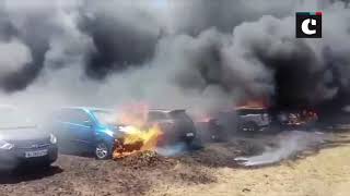 Vehicles catch fire in Aero India show at Begaluru, fire fighters at the spot