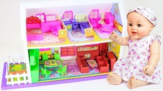 Plastic Dollhouse Playset Unboxing with Baby Doll - Toys for Little Kids.