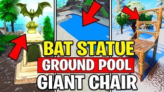 Dance in Front of Bat Statue, in a Way Above Ground Pool and on a Seat for Giants Challenge Fortnite
