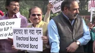 Congress MPs protest outside Parliament against Electoral Bonds Scam