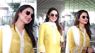 Jasmin Bhasin aces an ethnic look in a yellow palazzo suit at the airport | simple and elegant  look