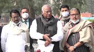 LoP Rajya Sabha Mallikarjun Kharge addresses media at Vijay Chowk