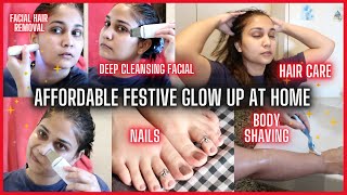 I did AFFORDABLE Festive GLOW UP Routine | Hair Care, Deep cleansing Facial & Nails | Nidhi Katiyar