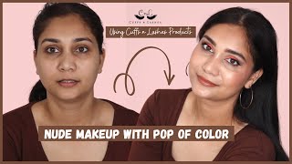 Soft Nude Makeup Look With Pop of Color Using @Cuffs N Lashes Products #Makeup #nudemakeup