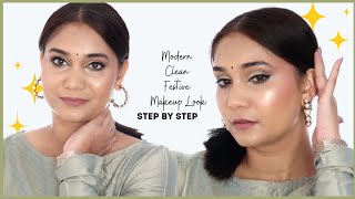 Dewy Festive Makeup Using Affordable Products | Modern Festive Makeup Look Step by Step in Hindi