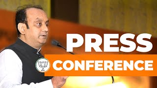 BJP National Spokesperson Dr. Sudhanshu Trivedi addresses a press conference at BJP headquarters.