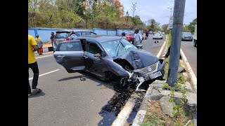 Accident at Bambolim, car driver loses control of Maruti Baleno and hits divider.