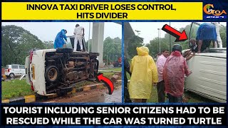Innova taxi driver loses control, hits divider.