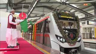 Glimpses of PM Modi taking a ride on the Ahmedabad Metro and interacting with fellow commuters.