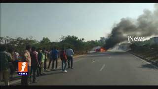 Skoda Car Fire Accident At Mahabubnagar | Driver And Passengers Escaped | iNews