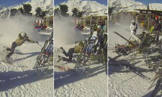 Hilarious Moment Skier Ploughs Into a Rack of Skis After Coming in For Lunch Too Quickly